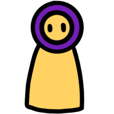 A yellow figure with a purple circle on their head.